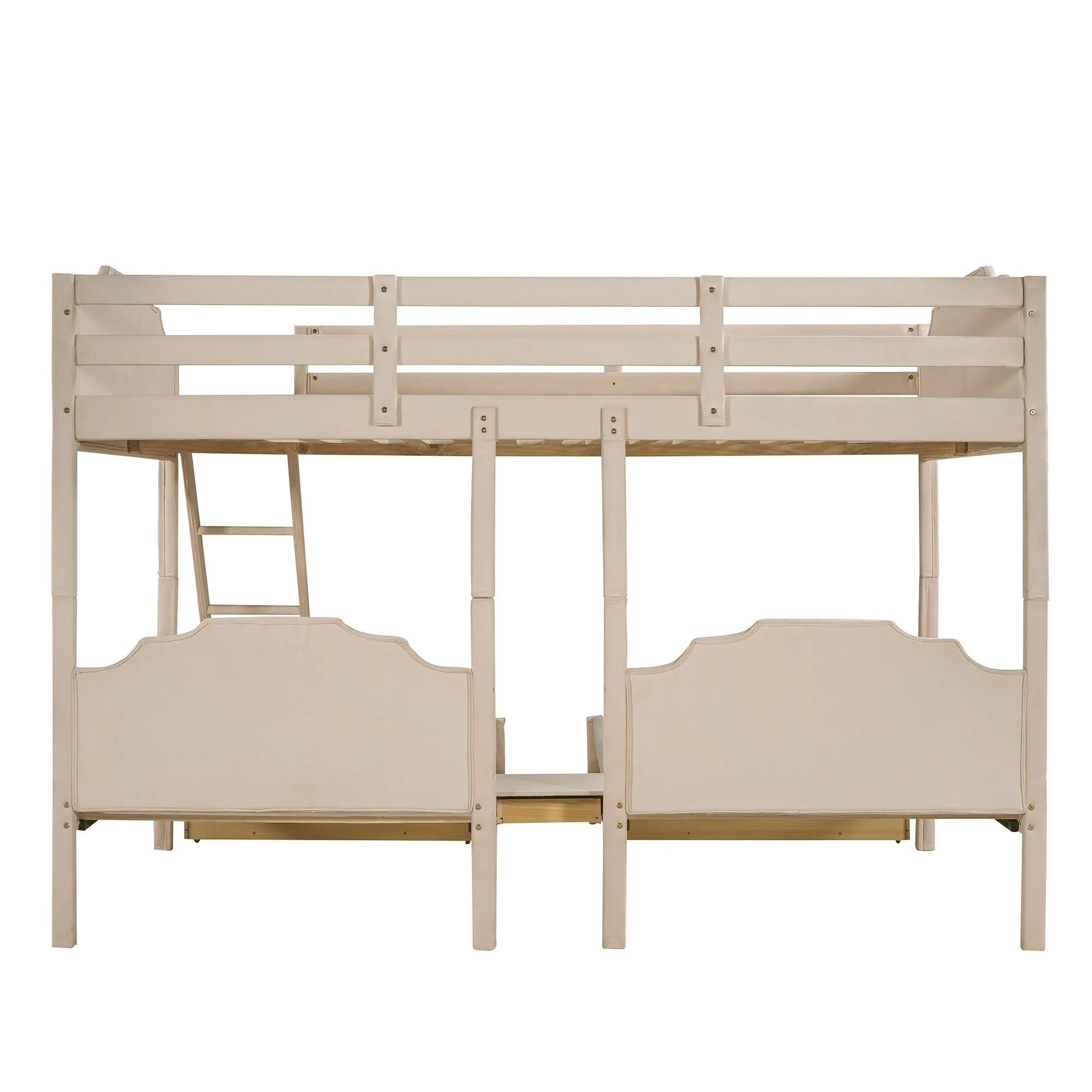 Full Over Twin & Twin Bunk Bed, Velvet Triple Bunk Bed with Drawers and Guardrails, Beige