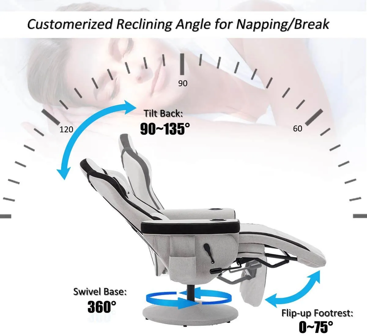 Gaming Recliner, Best Reclining Gaming Chair Racing Style with Cup Holder, Adjustable Headrest & Lumbar Support, Gray