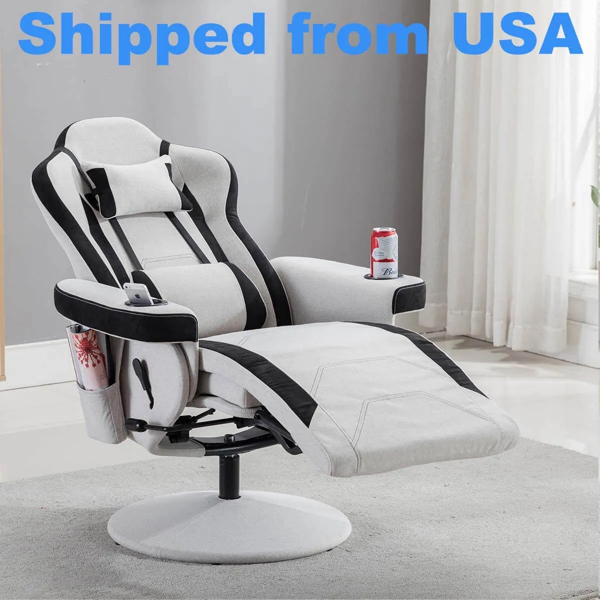 Gaming Recliner, Best Reclining Gaming Chair Racing Style with Cup Holder, Adjustable Headrest & Lumbar Support, Gray