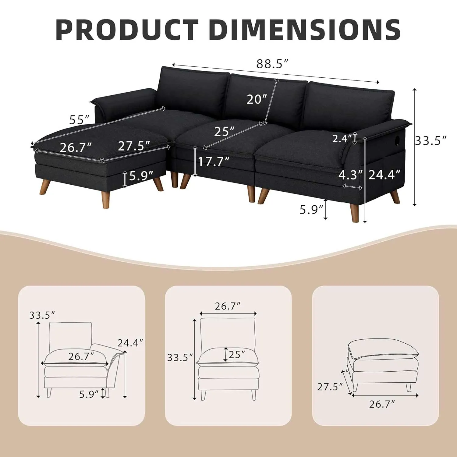 Homrest Modular Sectional Sofa Cloud Couch with Ottoman and Storage Pockets, Black