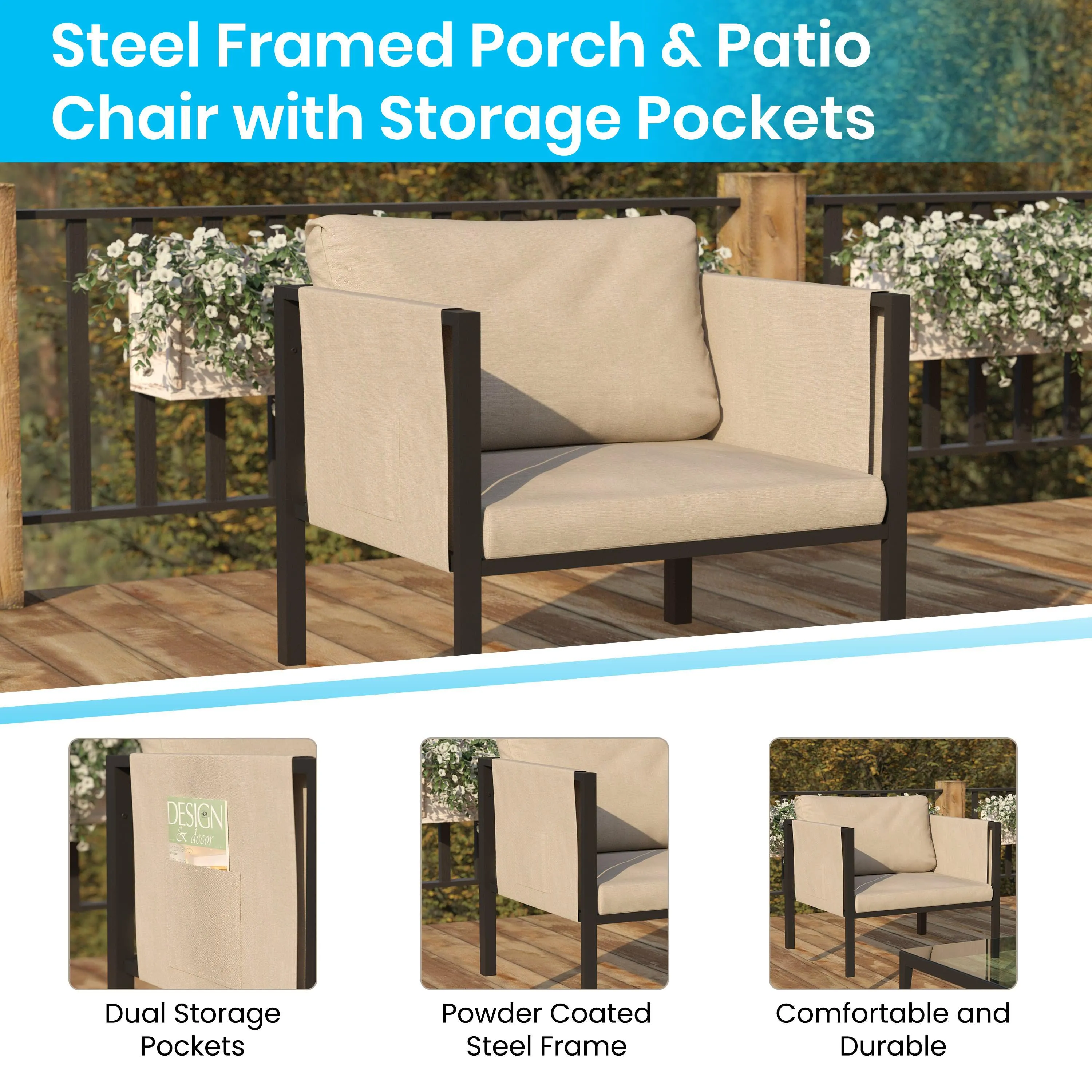 Lea Indoor/Outdoor Patio Chair with Cushions - Modern Steel Framed Chair with Storage Pockets