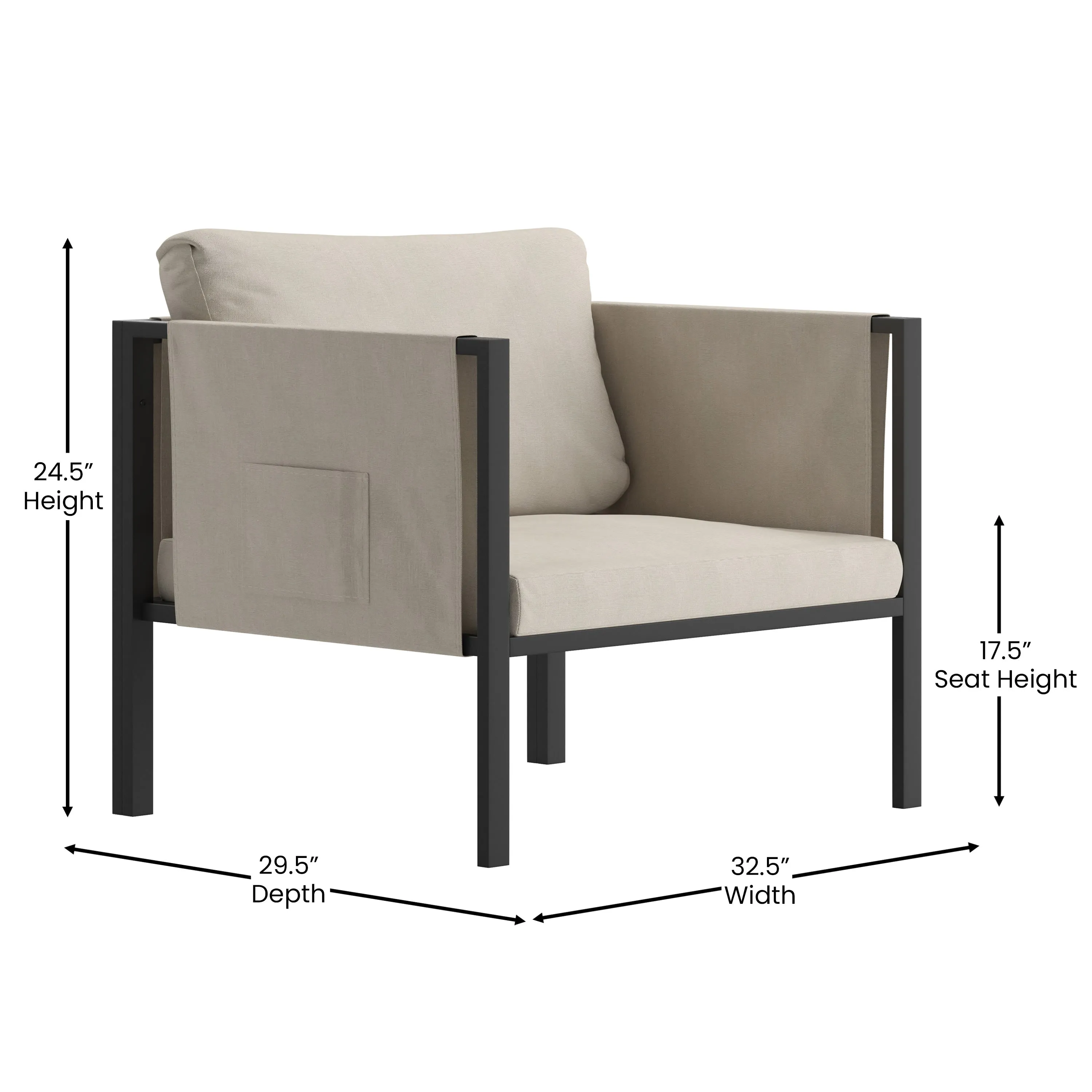 Lea Indoor/Outdoor Patio Chair with Cushions - Modern Steel Framed Chair with Storage Pockets