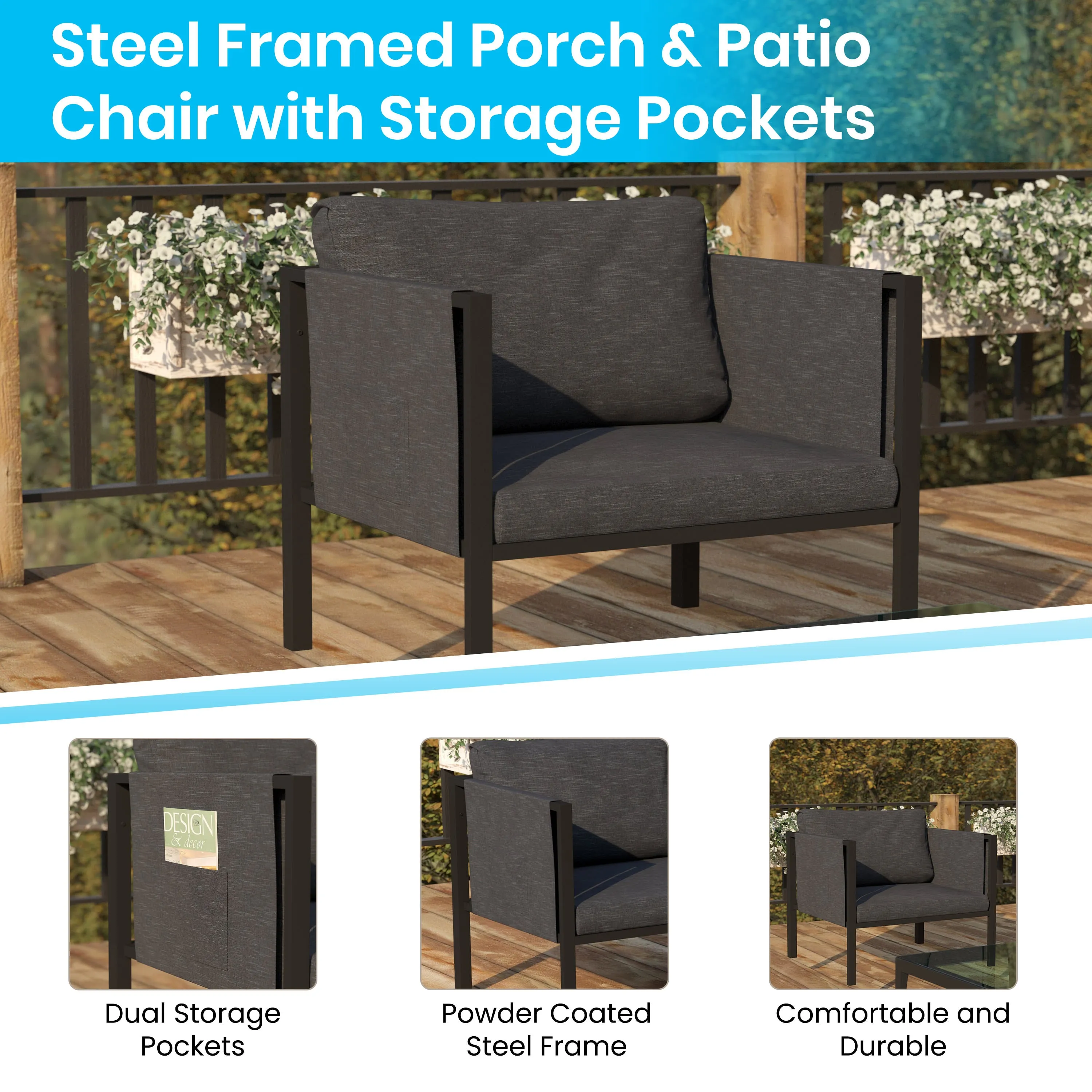 Lea Indoor/Outdoor Patio Chair with Cushions - Modern Steel Framed Chair with Storage Pockets