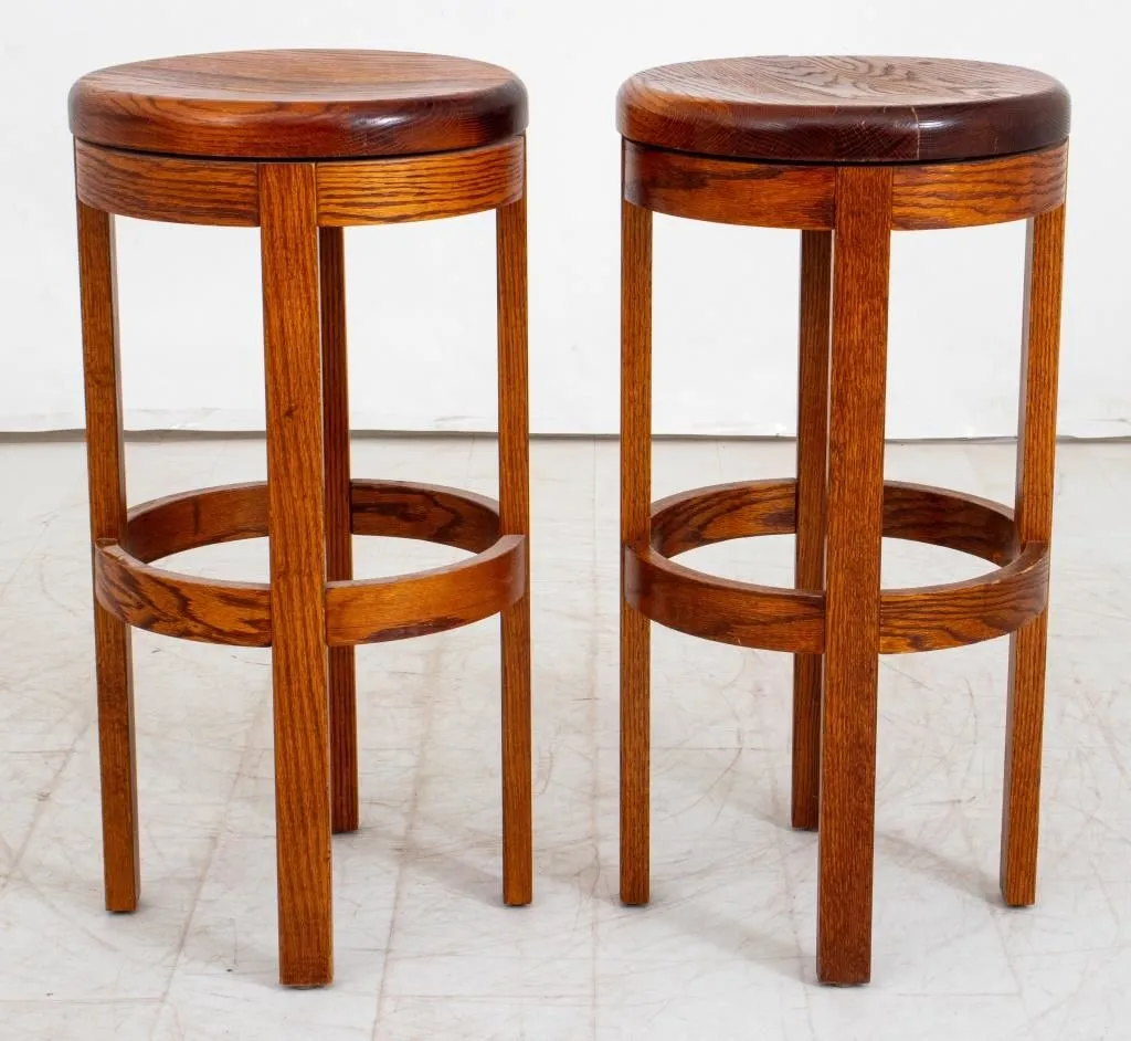 Mid-Century Modern Swivel Oak Bar Stools, Pair