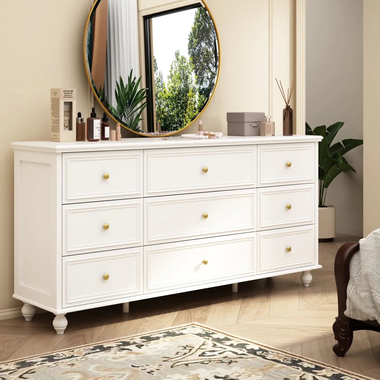 Modern 9-Drawer Triple Dresser in White Finish