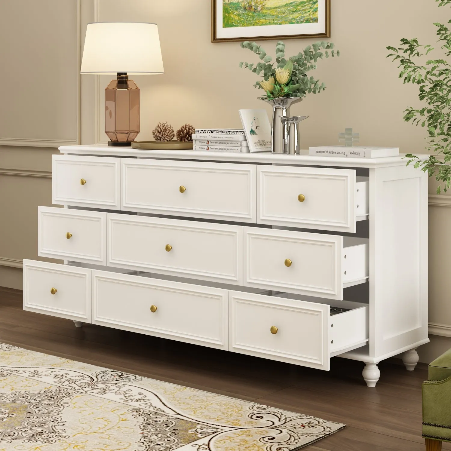 Modern 9-Drawer Triple Dresser in White Finish