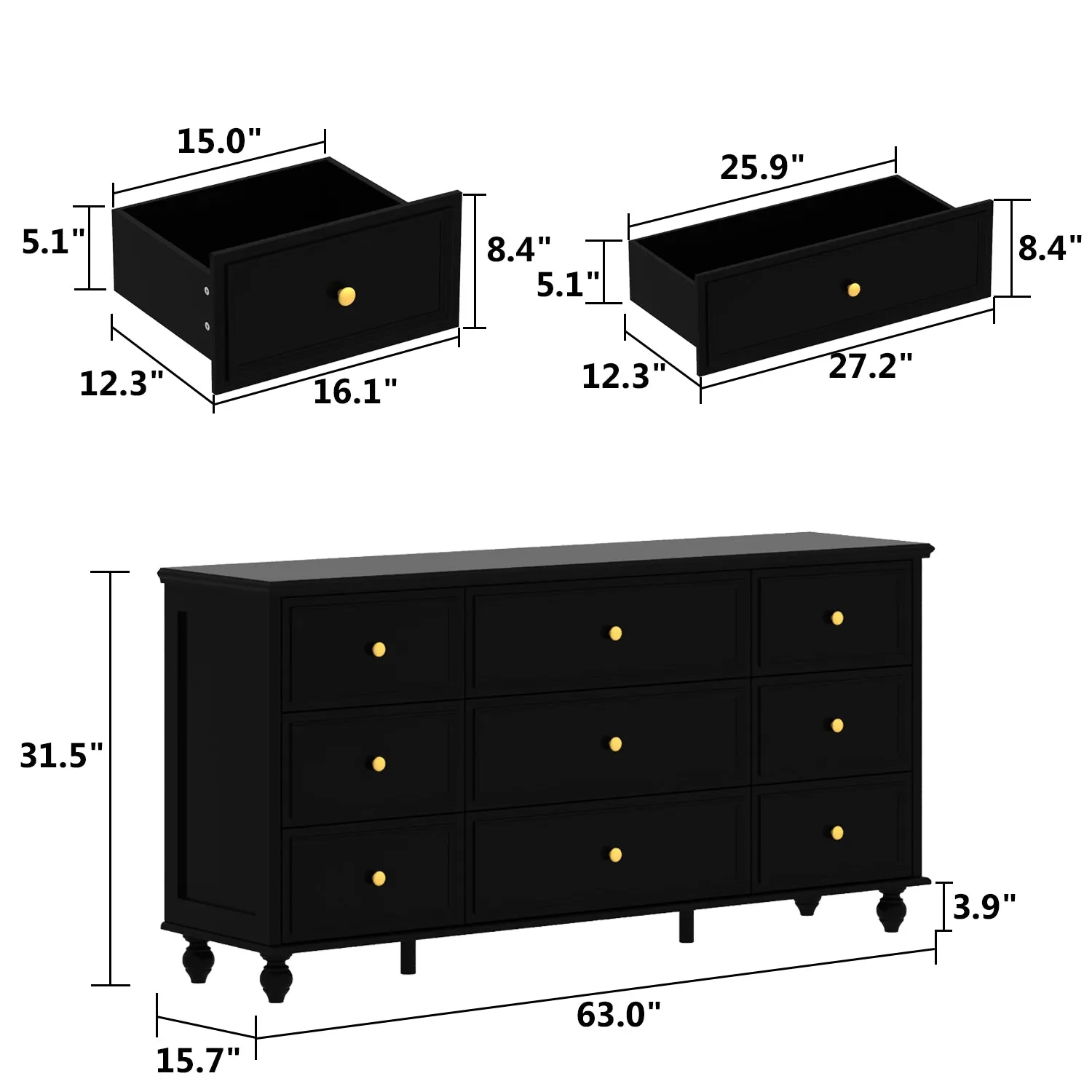 Modern 9-Drawer Triple Dresser in White Finish