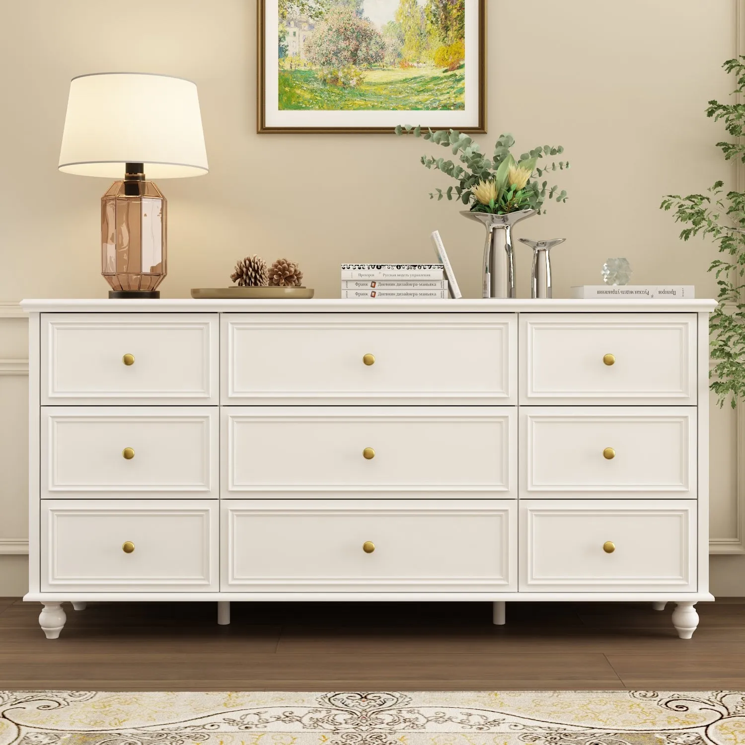 Modern 9-Drawer Triple Dresser in White Finish