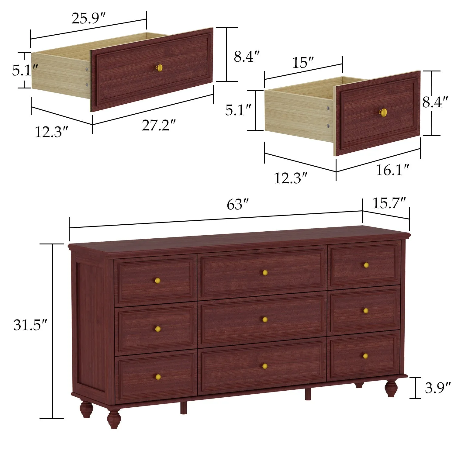 Modern 9-Drawer Triple Dresser in White Finish