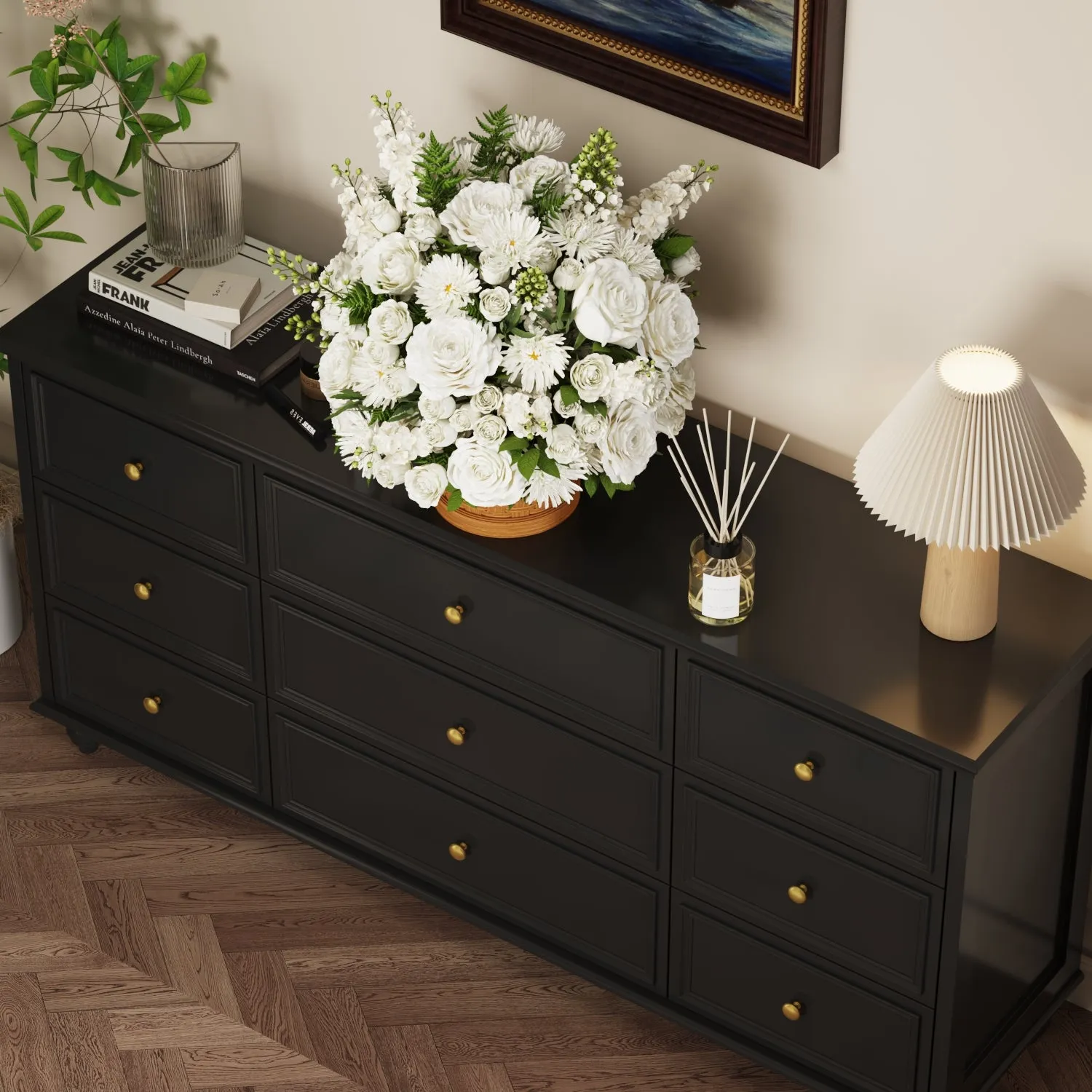 Modern 9-Drawer Triple Dresser in White Finish