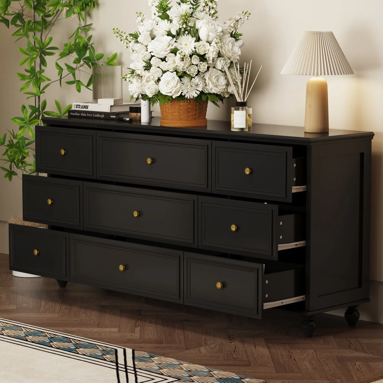 Modern 9-Drawer Triple Dresser in White Finish