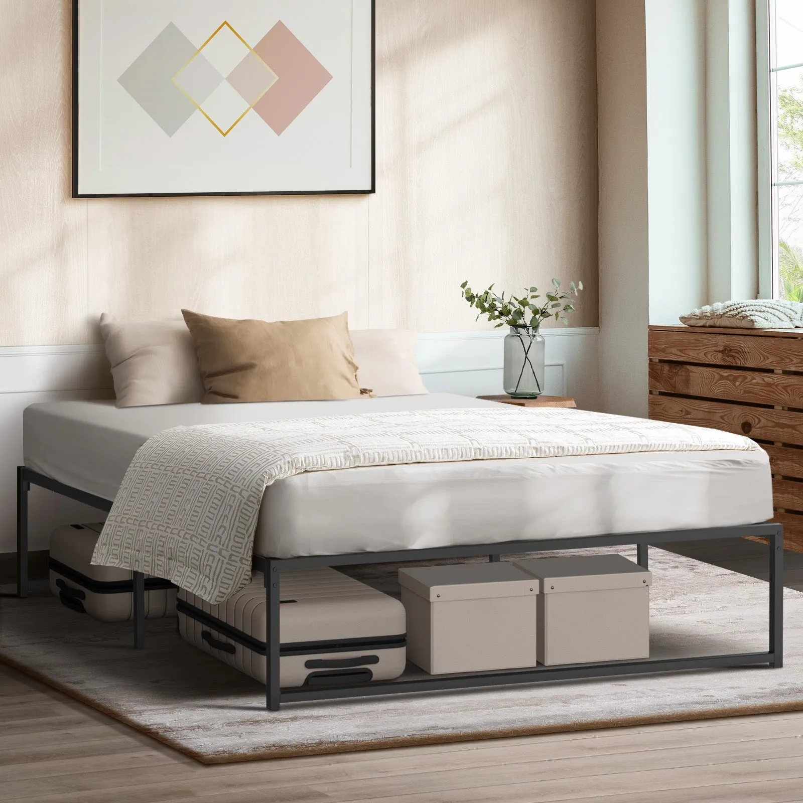 Oikiture Metal Bed Frame Double Size Beds Base Platform Black