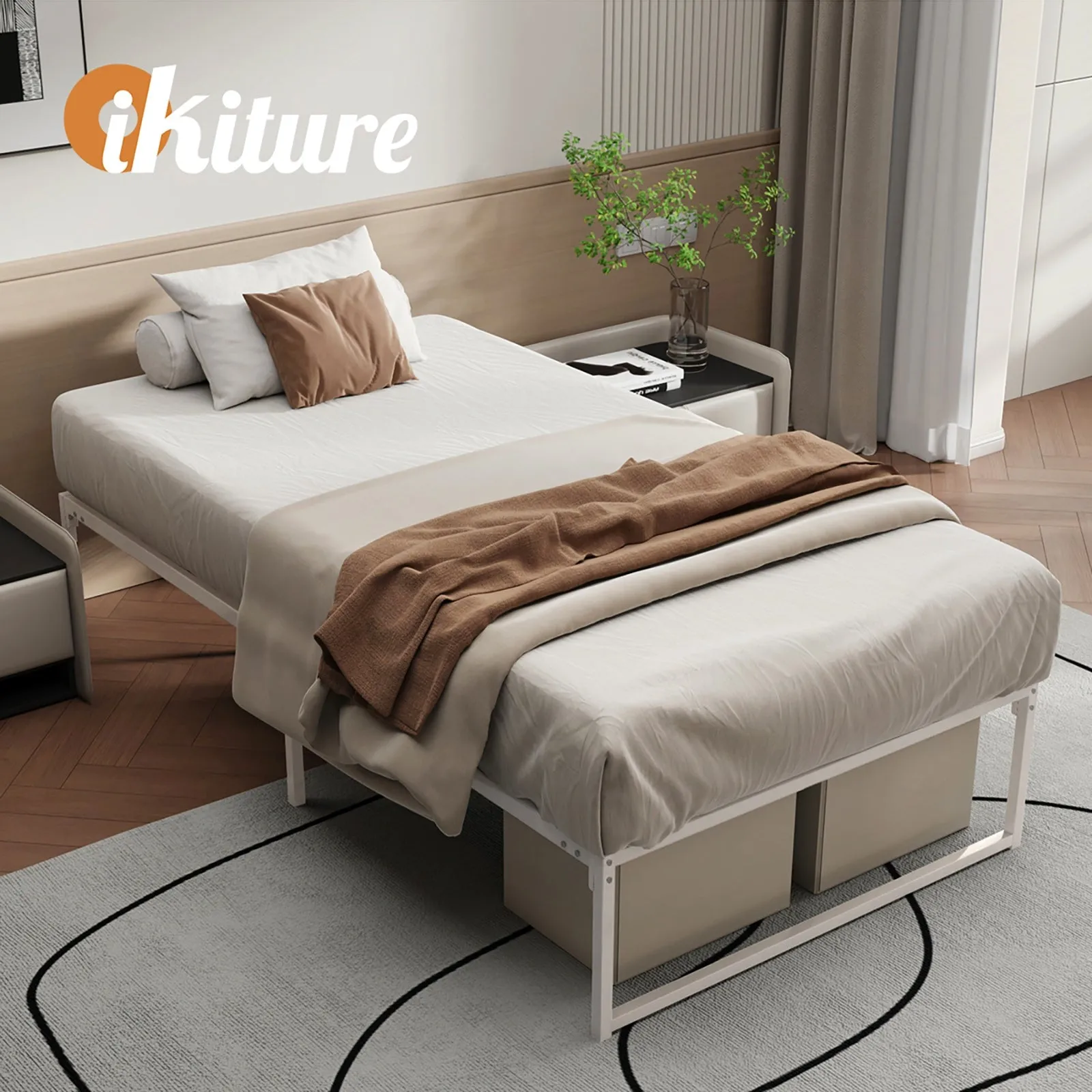 Oikiture Metal Bed Frame King Single Beds Base Platform White