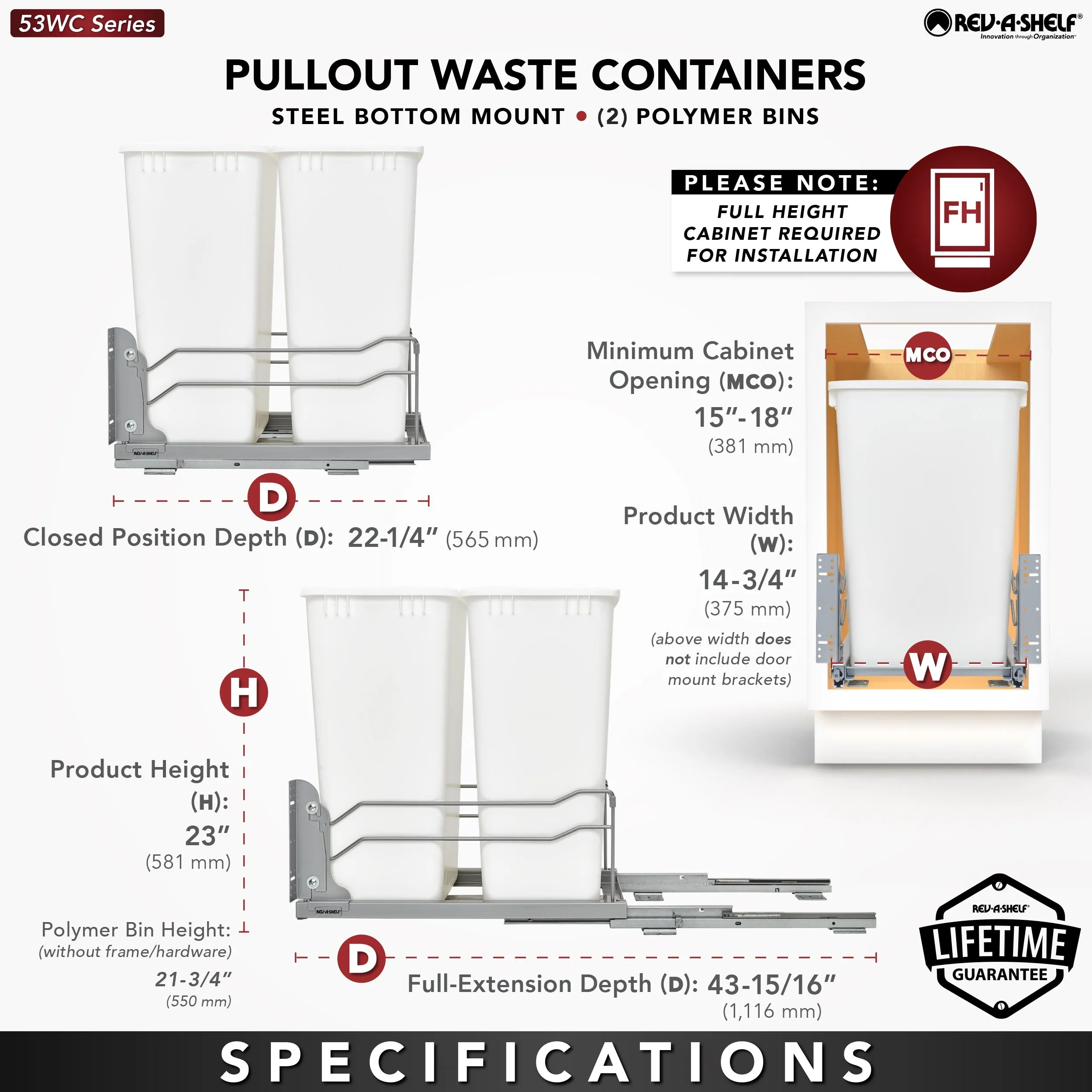 Rev-A-Shelf Double 50 Quart Pull-out Waste Container Soft-Close 53WC-2150SCDM-217