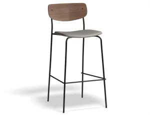 Rylie Stool - Padded Seat with Walnut Backrest - 75cm Bar Height - Grey Vegan Leather Seat