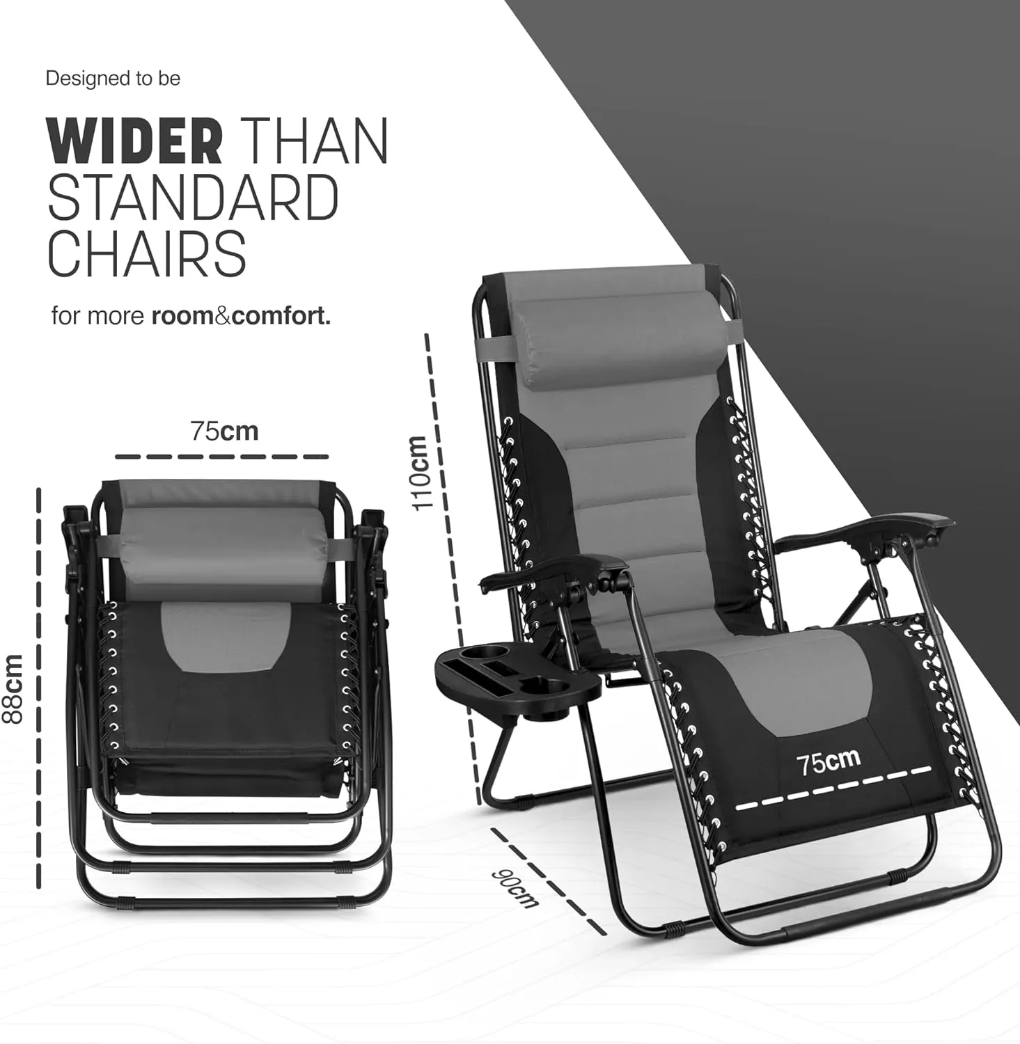 Set of 2 - Zero Gravity Recliner Chairs, Outdoor & Garden Sun loungers with Padded Seats and Adjustable Headrests Pillows with Cup & Phone Holder XXL