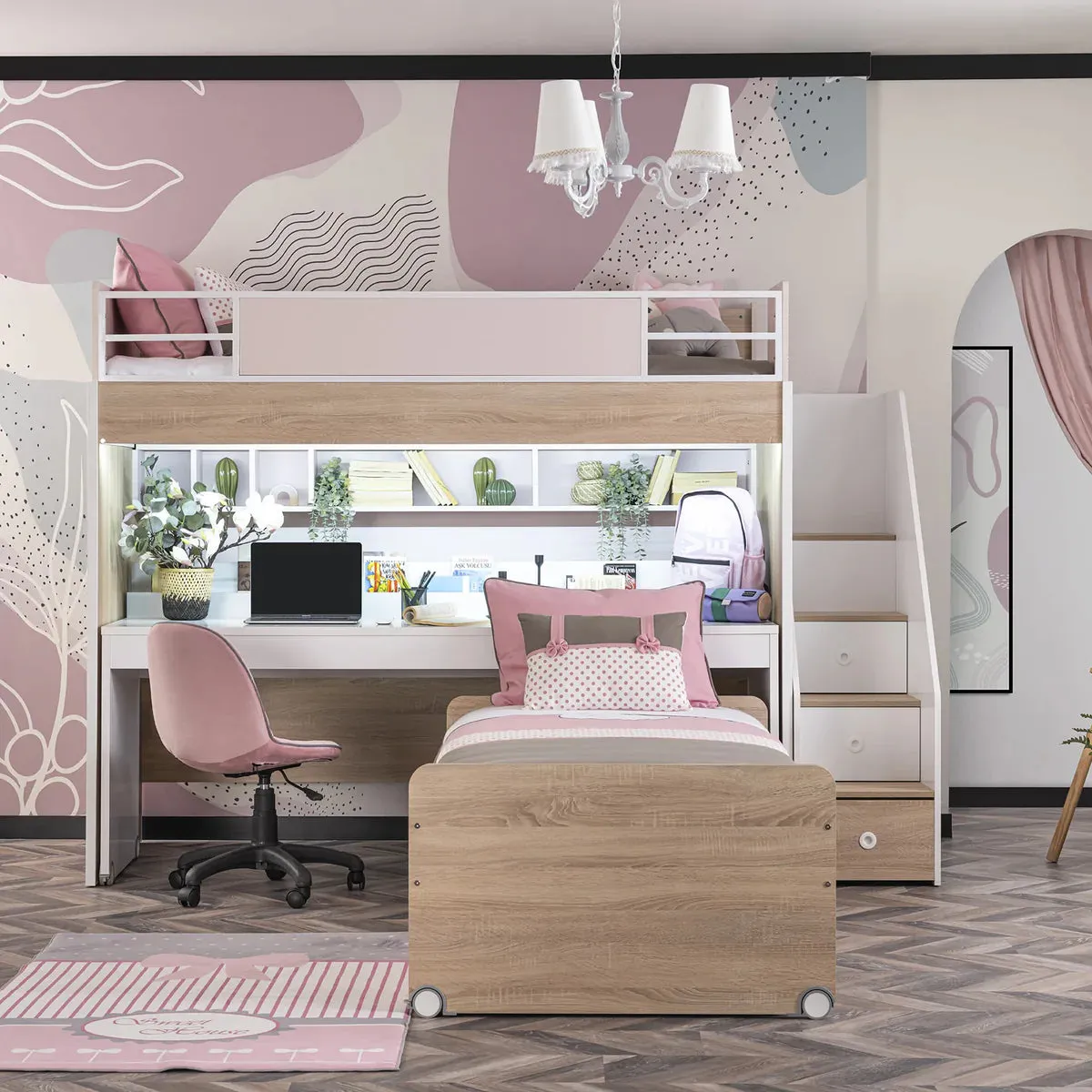 Super Cool New City Loft Bed With Desk - Pink | LED Lights