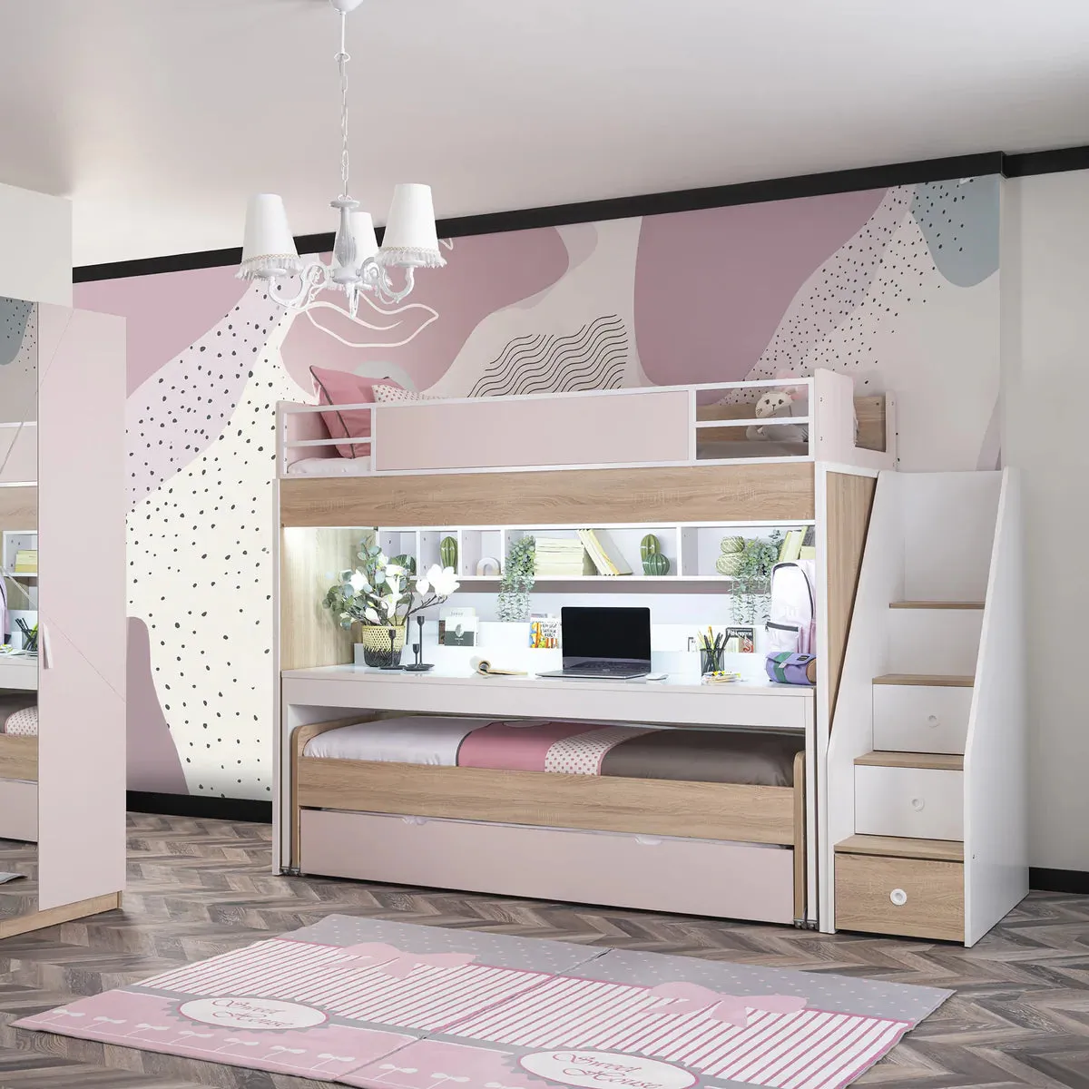 Super Cool New City Loft Bed With Desk - Pink | LED Lights