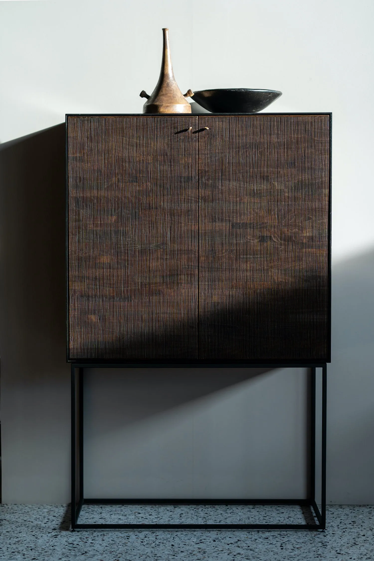 Teak Grooves Black Storage Cupboard - Varnished