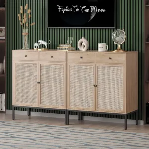 timeless 63" Buffet Sideboard Cabinets, 4 Door Rattan Storage Cabinet Accent Entryway Chest Console Table Liquor Wood Cupboard for Dining Room, Living Room, Kitchen,63 X 31.5 X 15.75 Inches,Oak Color