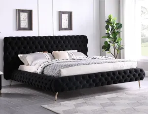 Ultra-Boujee Black Velvet Fabric Sleek Platform Bed with Ultra-Deep Tufting