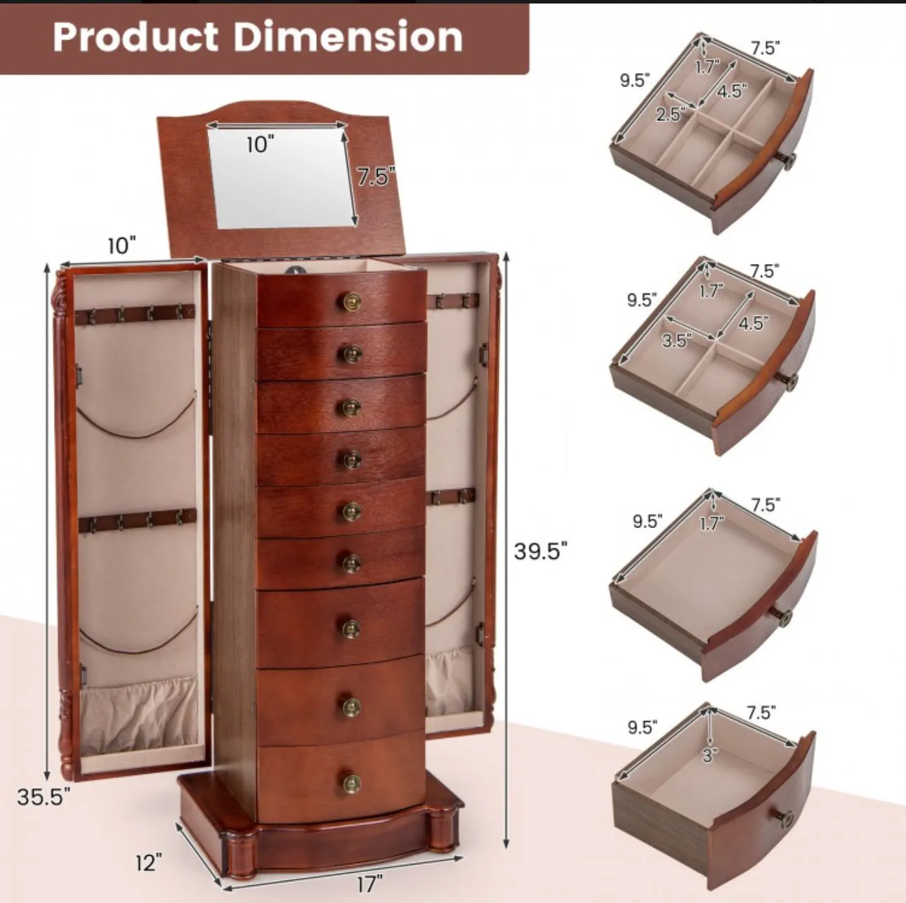 Very Elegant Brown Large Wooden Jewelry Storage Box Organizer  | Retro Design | Soft Liner | Top Flip Mirror