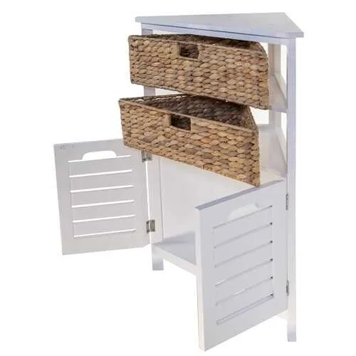 White Wooden Corner Cabinet with 2 Basket Weave Drawers and 2 Door Bottom Storages