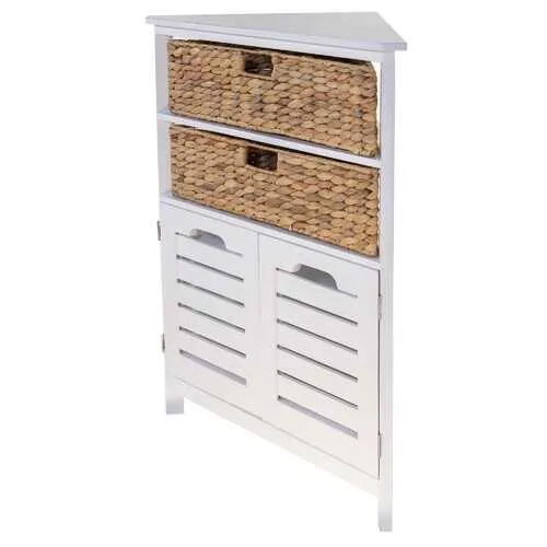 White Wooden Corner Cabinet with 2 Basket Weave Drawers and 2 Door Bottom Storages