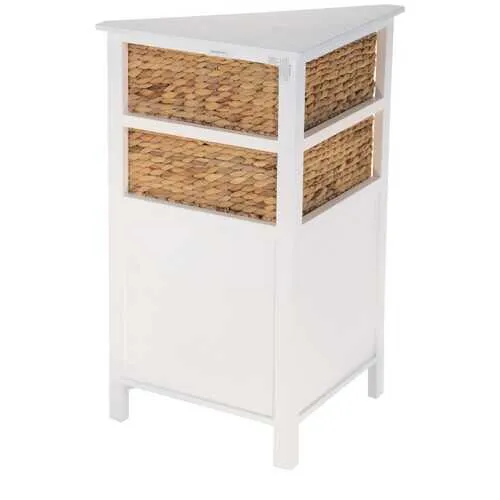 White Wooden Corner Cabinet with 2 Basket Weave Drawers and 2 Door Bottom Storages